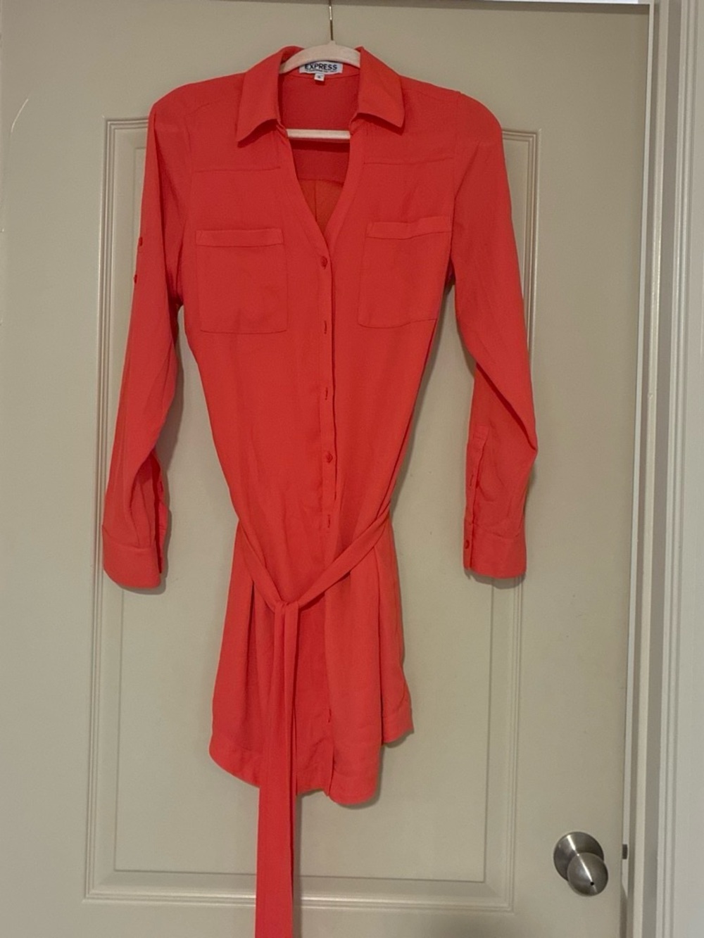 Express Coral-Red Long Sleeve Shirt Dress with Tie Waist